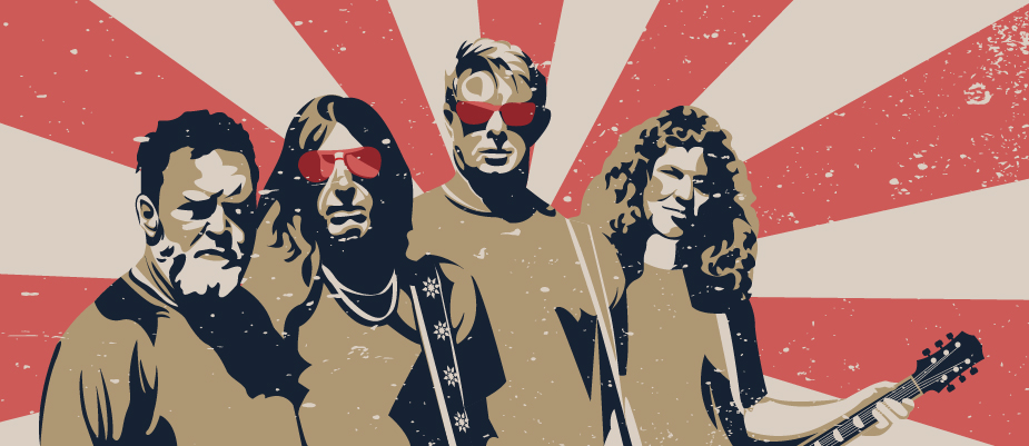 Silhouette of four-man rock band in poster-effect style