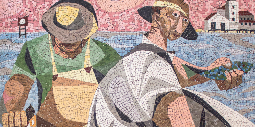 Mosaic artwork of two men sorting fish.