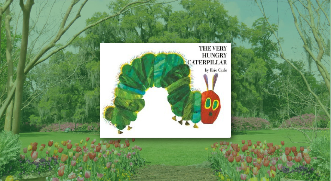 Image of The Hungry Hungry Caterpillar book with photo of Airlie Gardens in background