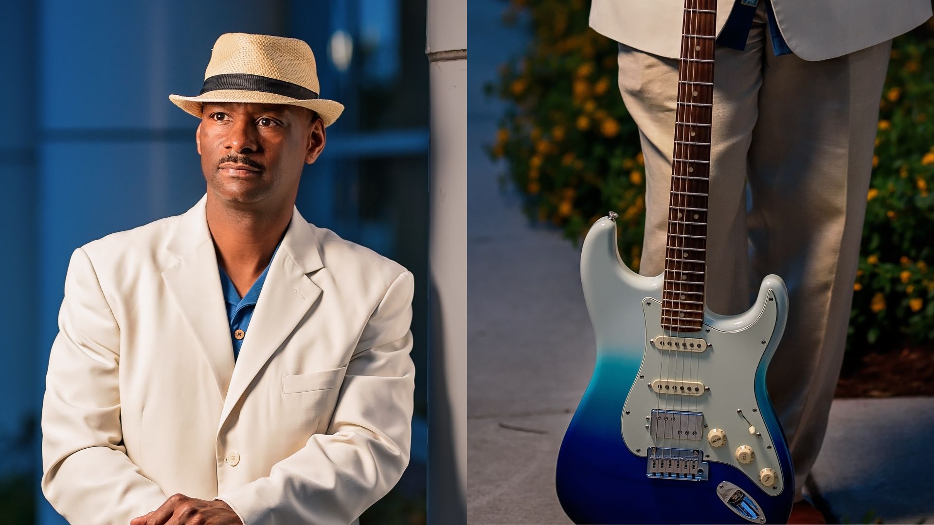 Image of El Jaye Johnson wearing a beige suit holding a blue electric guitar.