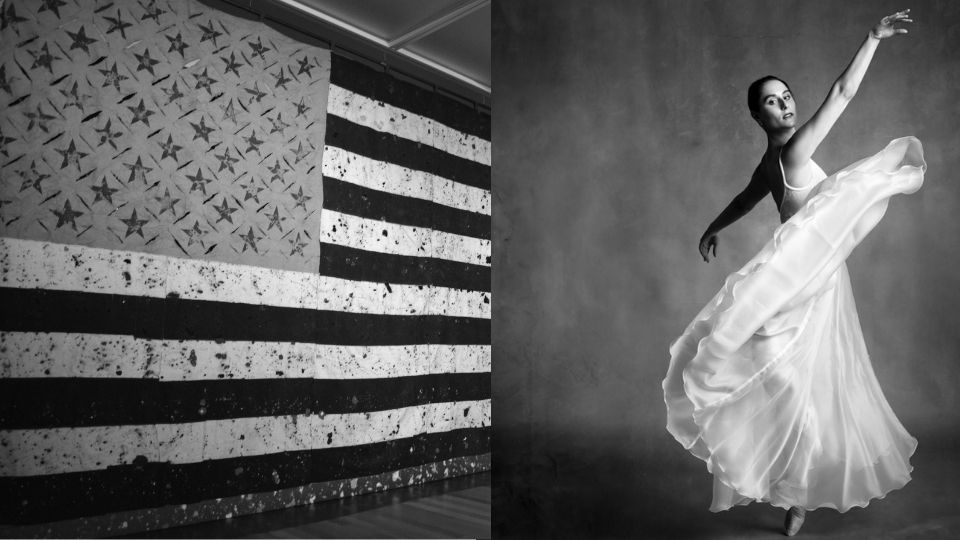 Photo of American Flag art beside a photo of a contemporary dancer in a white dress.