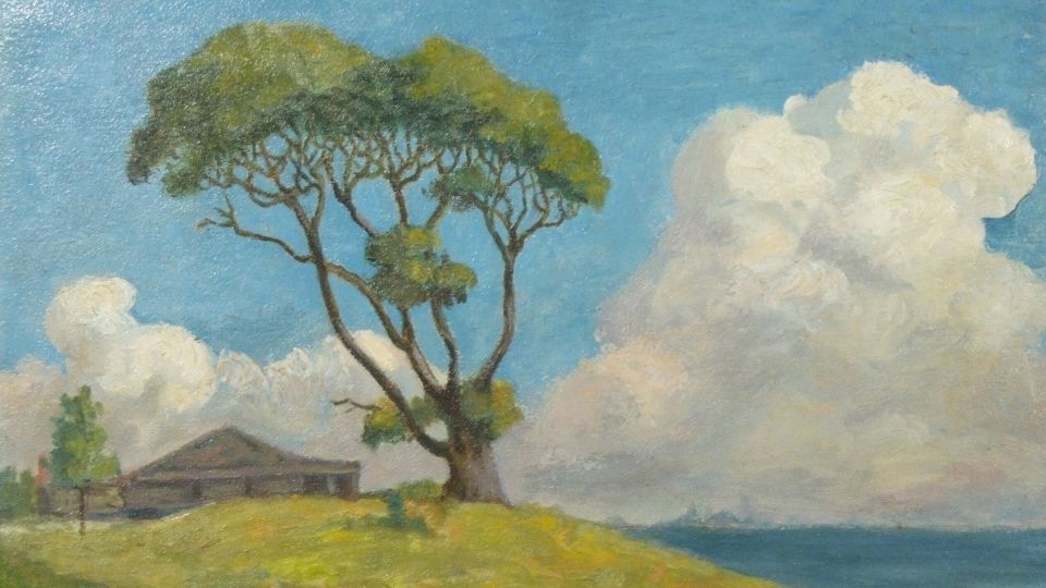 Oil panting of an oak tree on a hill in foreground with blue sky and the ocean in the background.