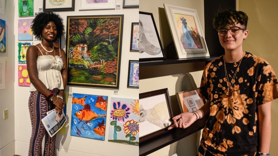 Two side-by-side photos of students beside their artwork.