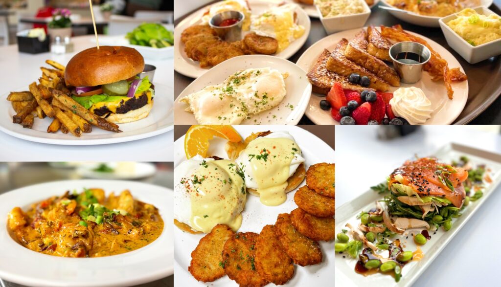 Collage of photos of food including a burger, shrimp and grits, and smoked salmon salad.