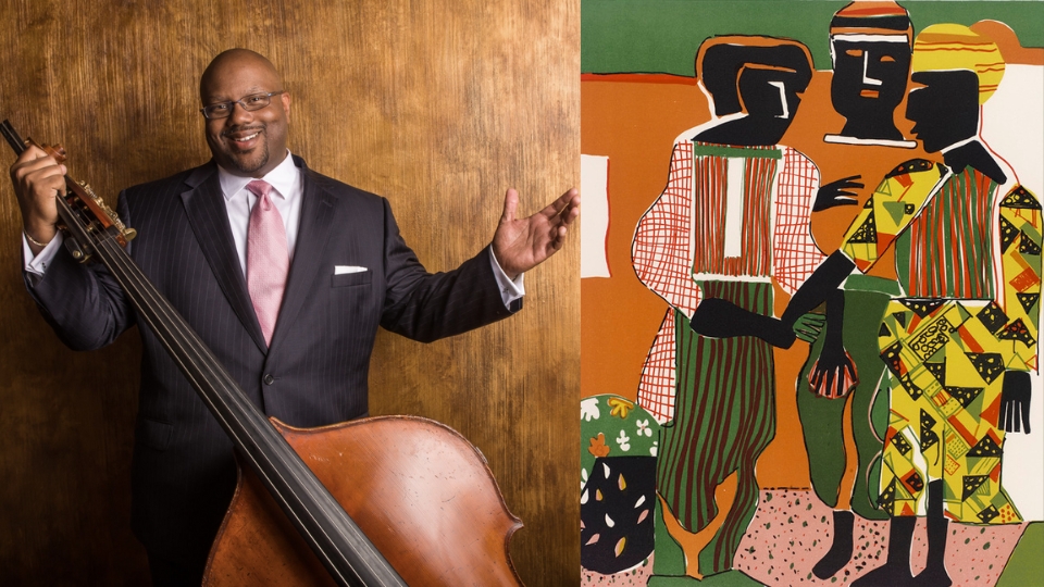 Jazz bassist on left with artwork by Romare Bearden on the right.