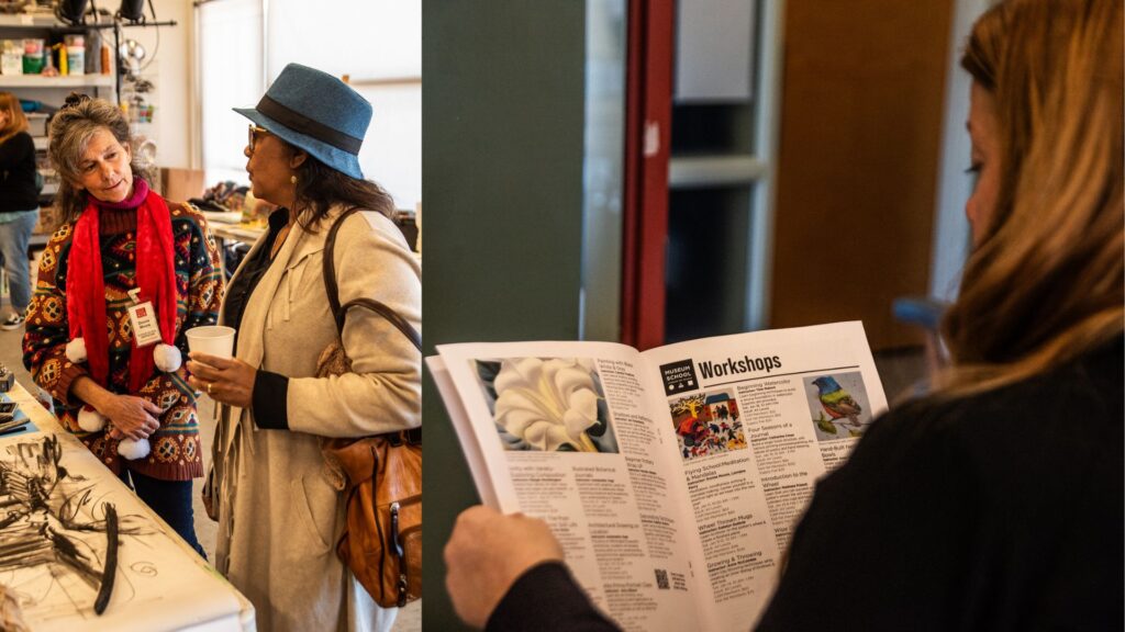 Left: Image of two women discussing art classes. Right: Image of woman reading class catalogue.