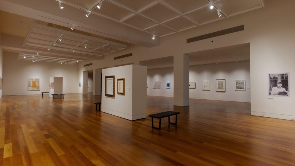 Art gallery with dim lights and no people