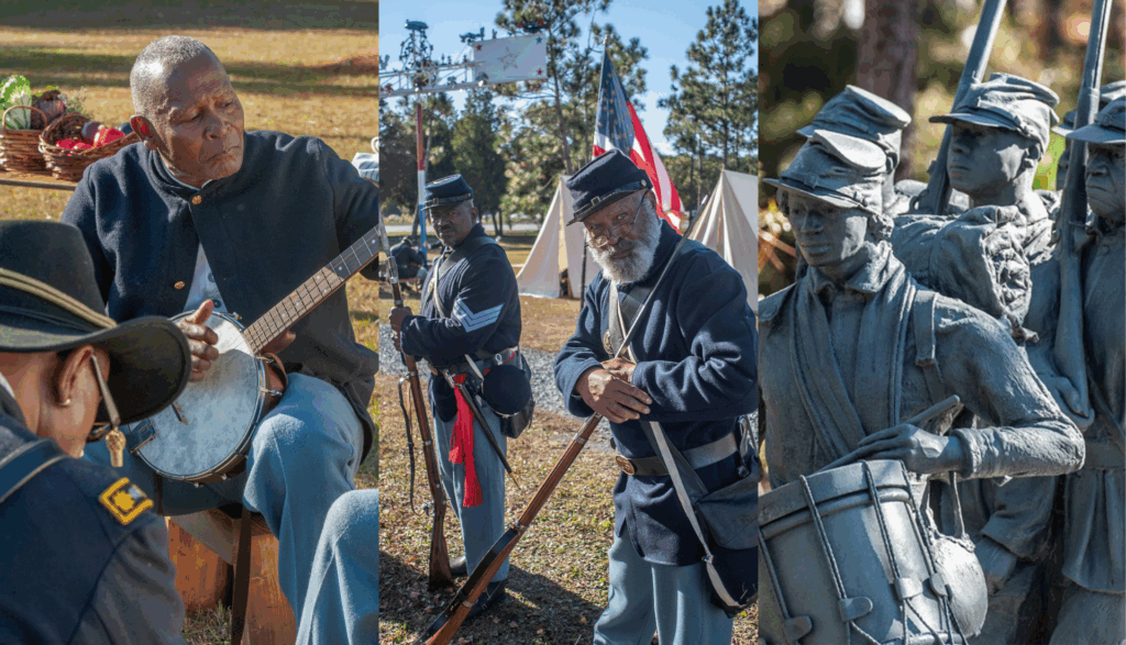 A three-panel collage featuring USCT Civil War reenactors—one playing a banjo, two standing with rifles beside tents and an American flag—and a close-up of the Boundless sculpture showing soldiers with a drum and rifles.