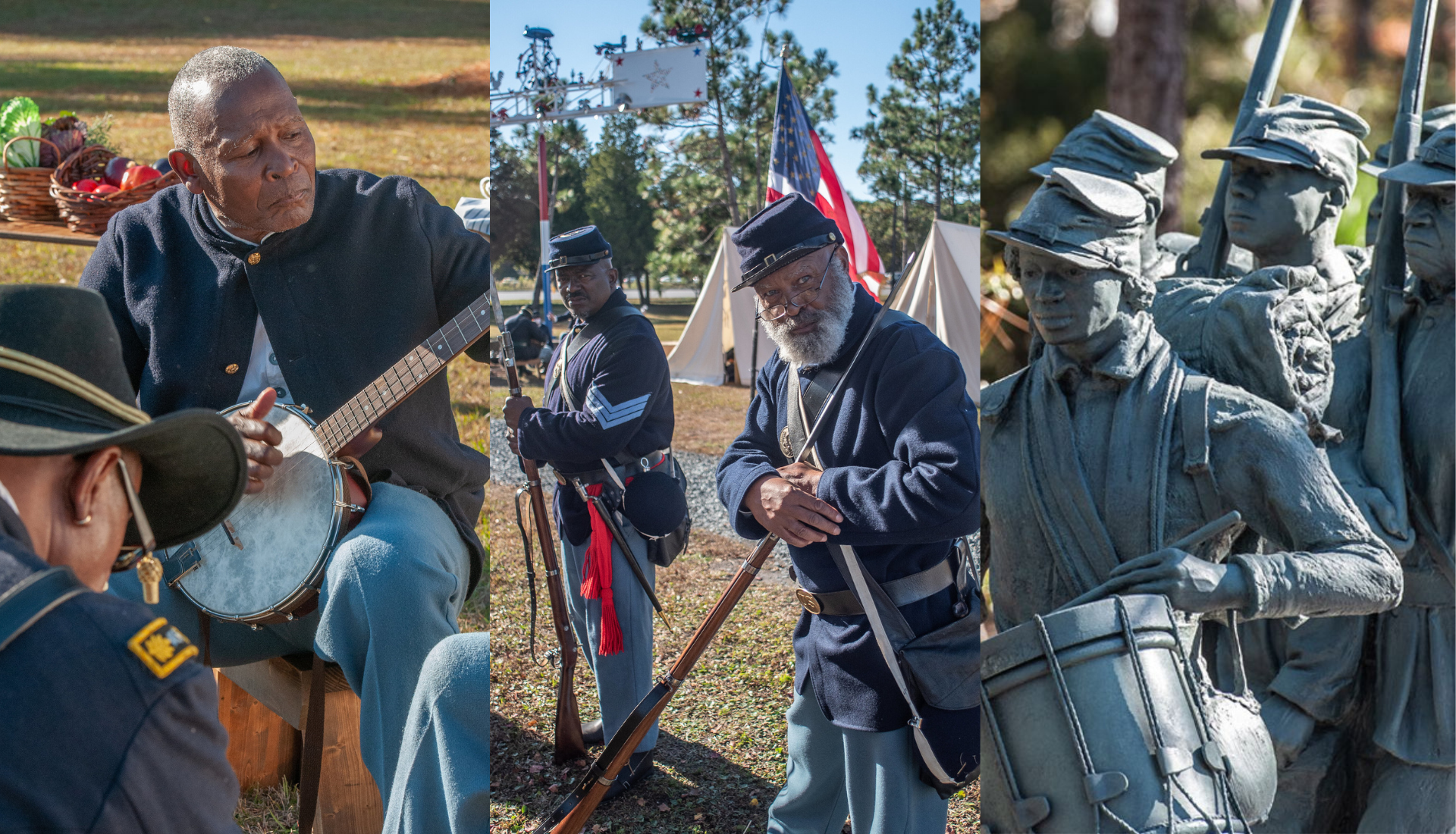 A three-panel collage featuring USCT Civil War reenactors—one playing a banjo, two standing with rifles beside tents and an American flag—and a close-up of the Boundless sculpture showing soldiers with a drum and rifles.